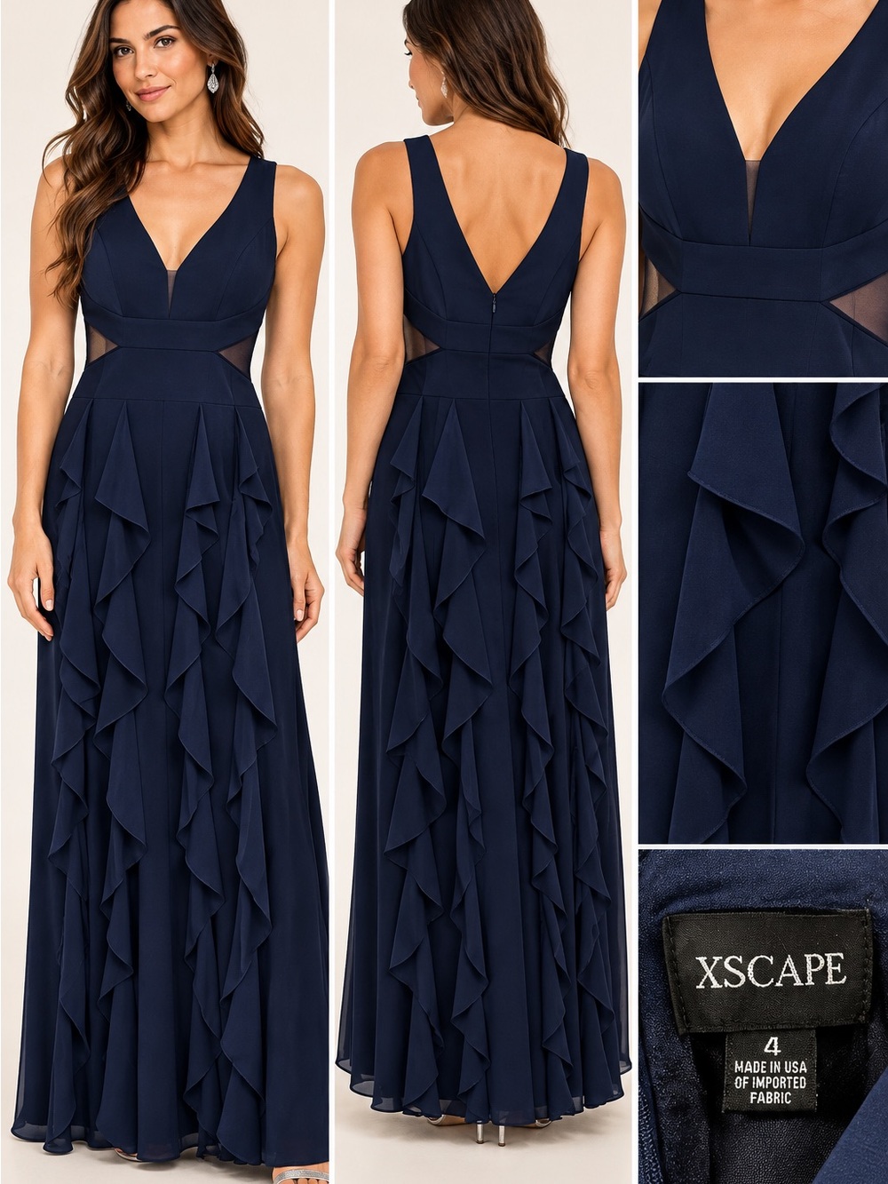 Xscape Navy Ruffle V-Neck Maxi Gown